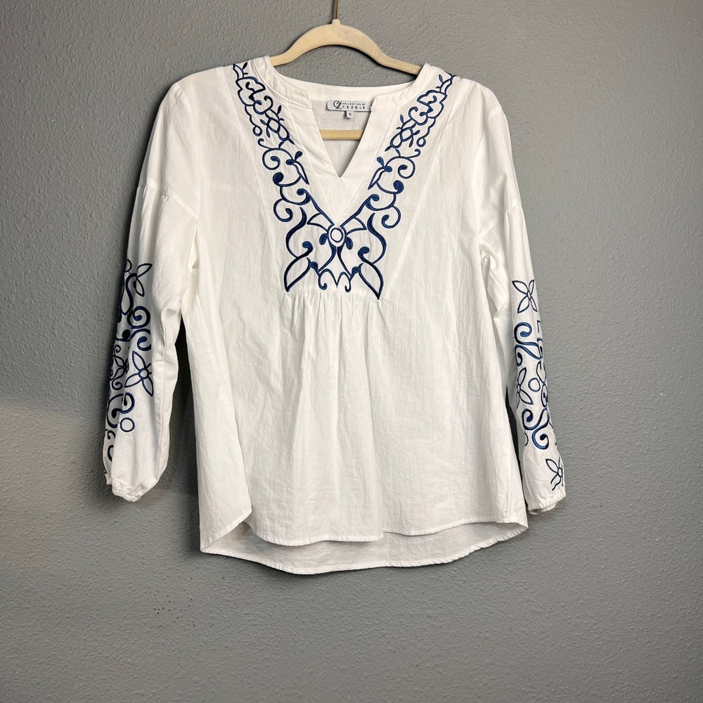 Collection by Cezele Sm White Blue Embroidered Cotton Peasant Blouse Lightweight